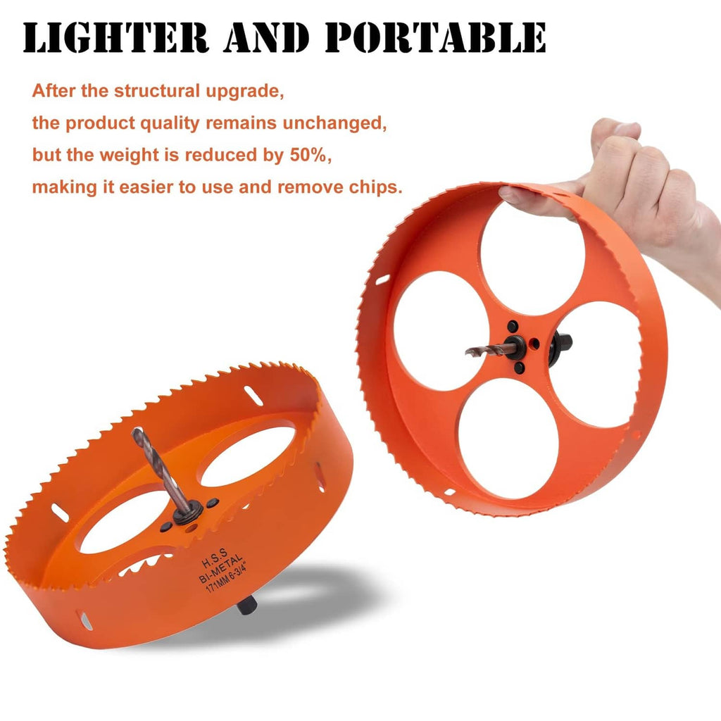 Orange circular hole saw bit set with three large cutouts and attached arbor