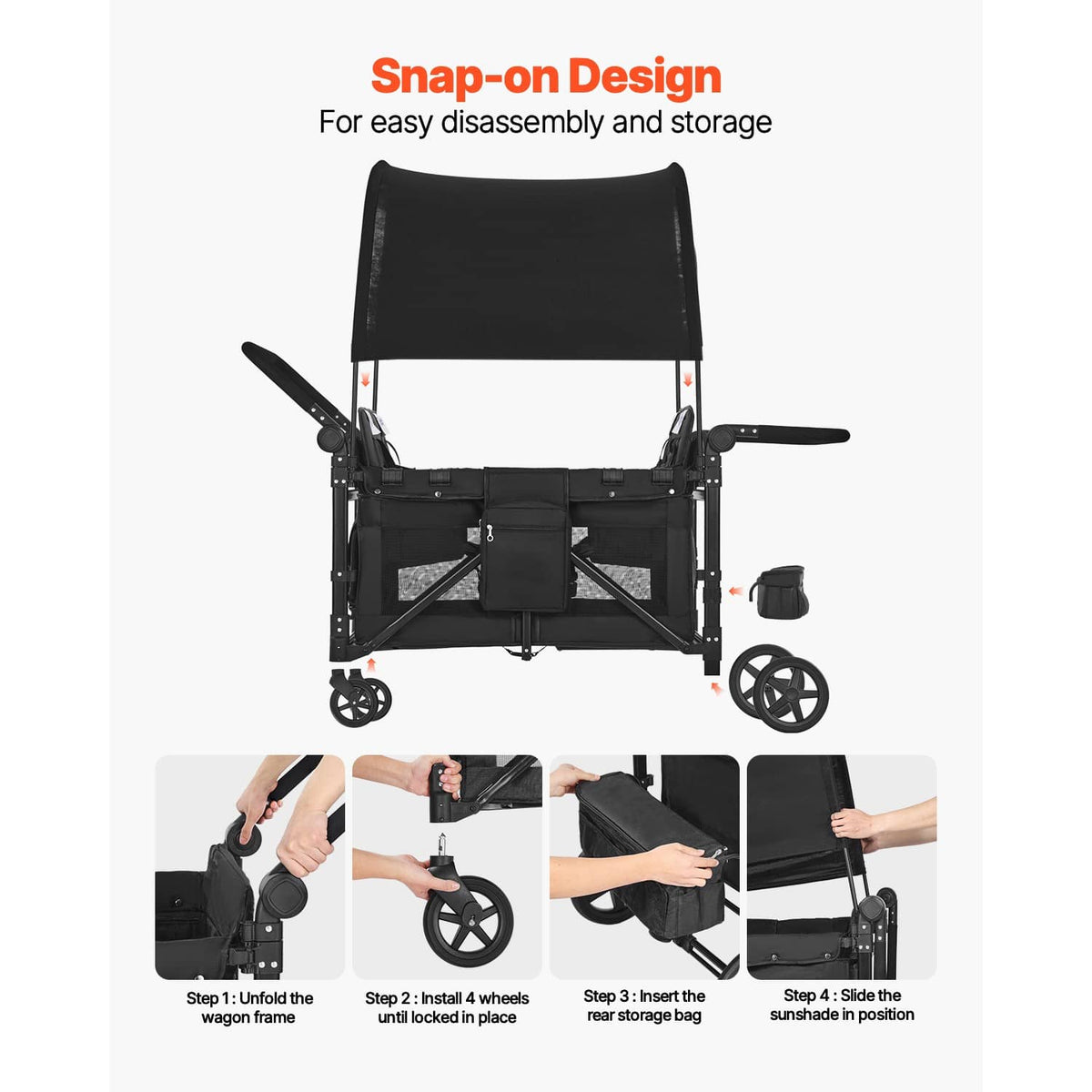 Black collapsible 4-seat wagon stroller with snap-on frame and rear storage bag