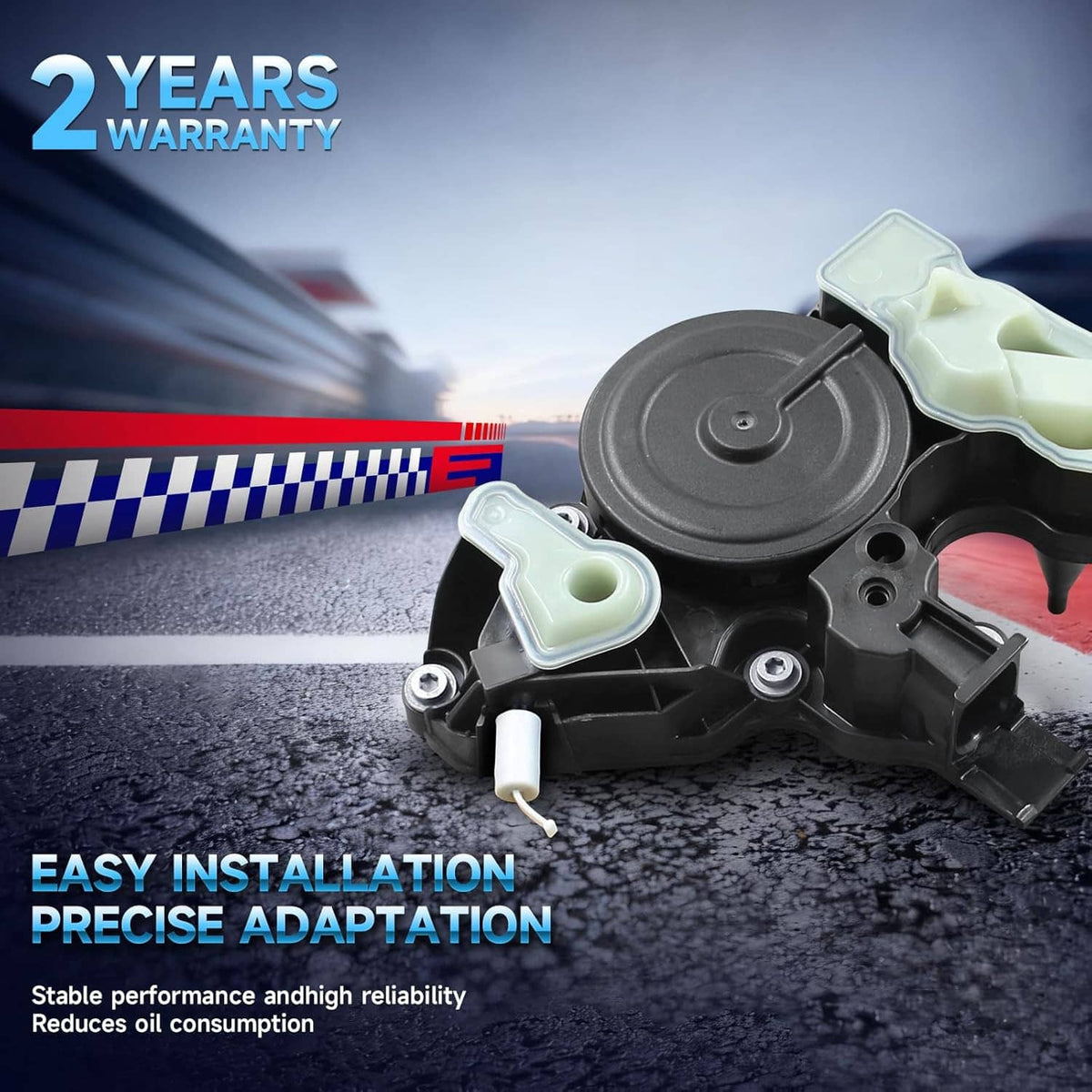 Crankcase oil separator valve with light-green cover and round black actuator, connector attached