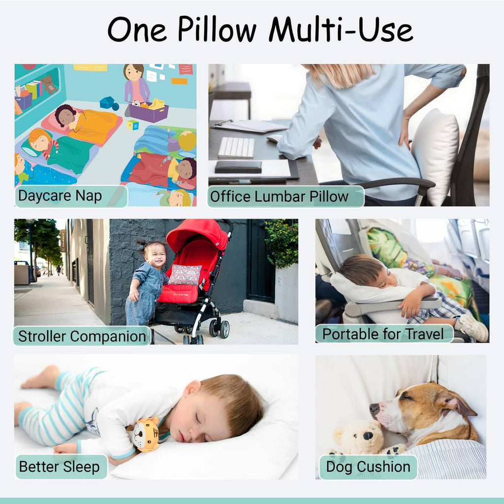 Pink striped toddler pillow featured in a multi-use collage for naps and travel