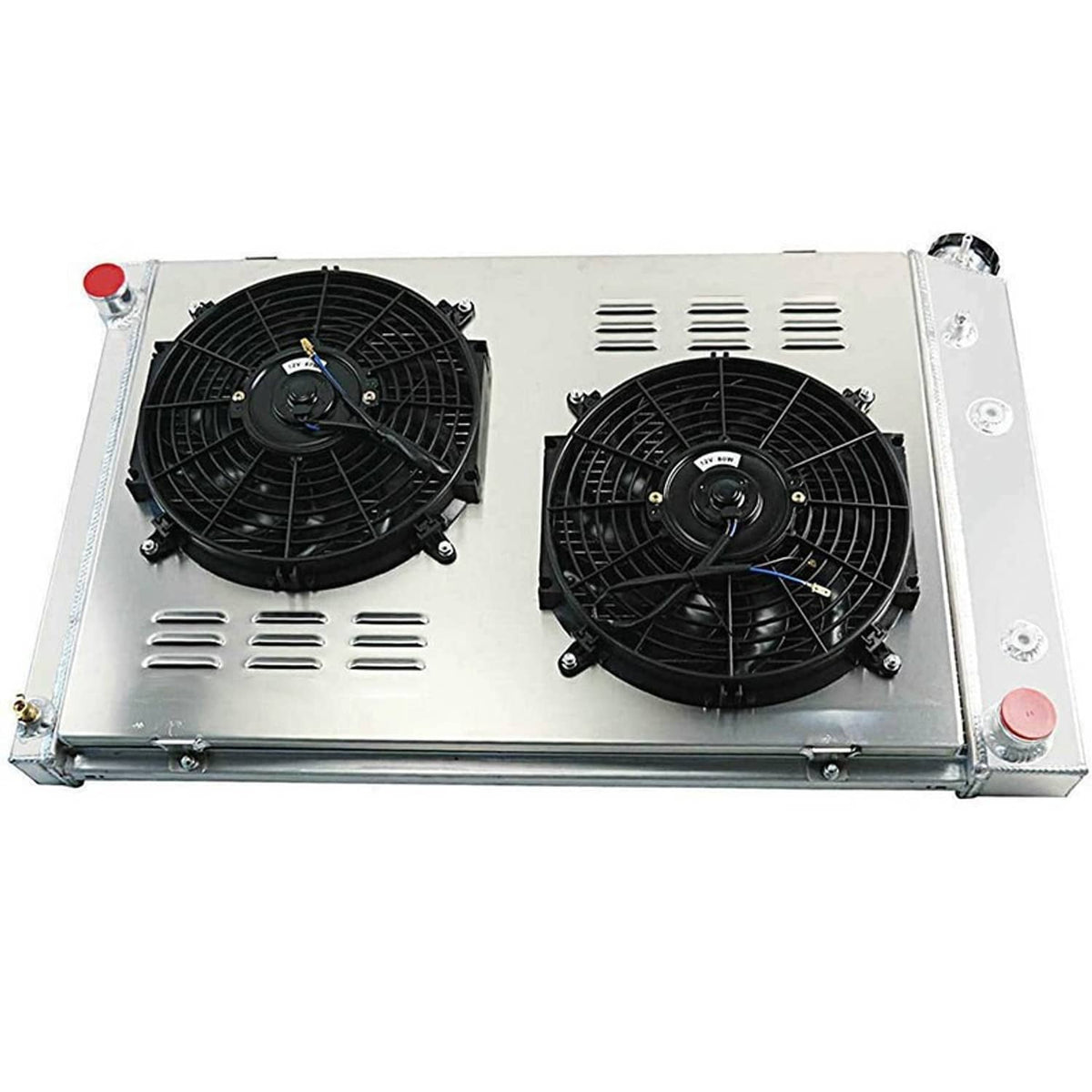 Dual-fan 4-row radiator with two black cooling fans and silver aluminum end tanks