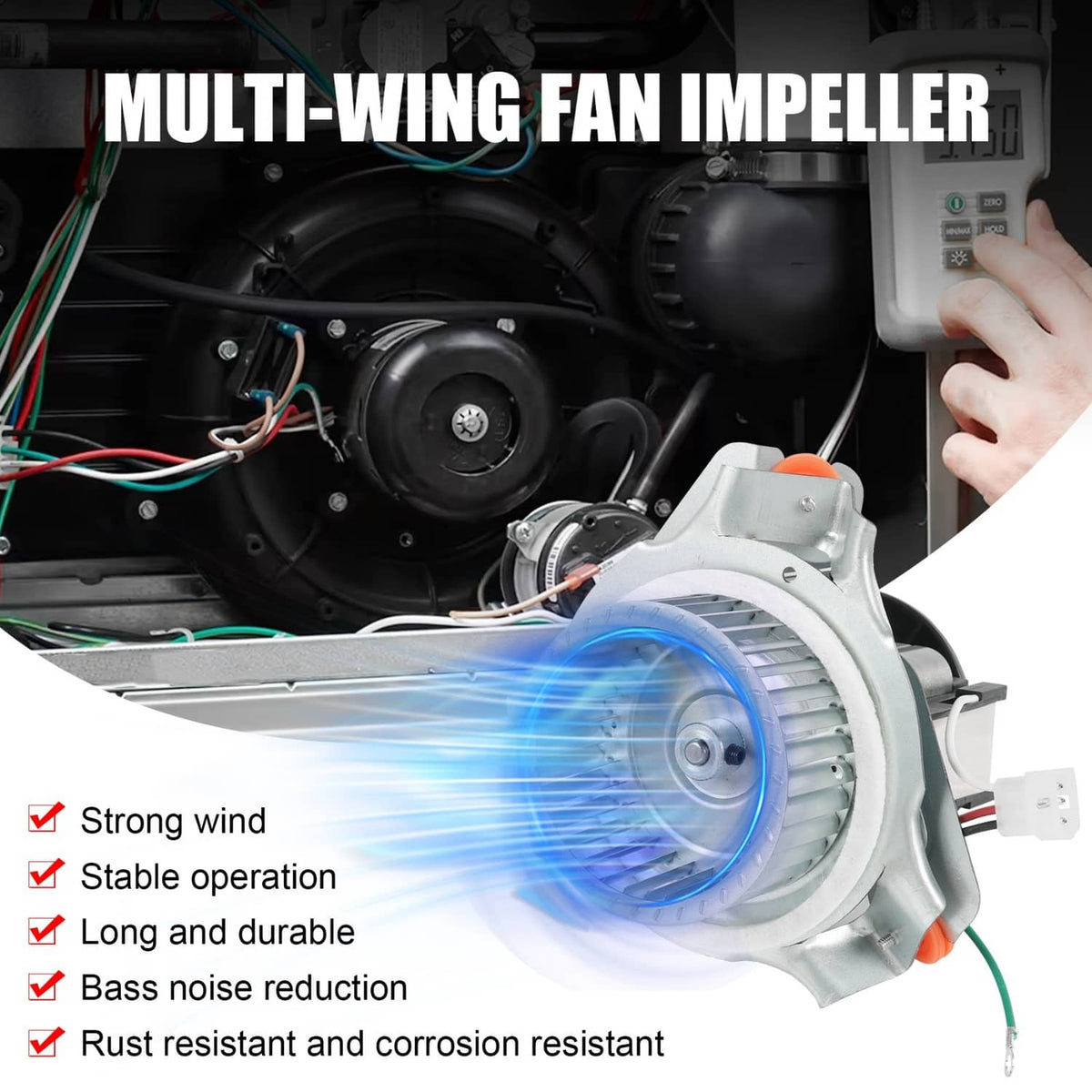 Furnace draft inducer motor with multi-wing fan impeller installed in blower housing