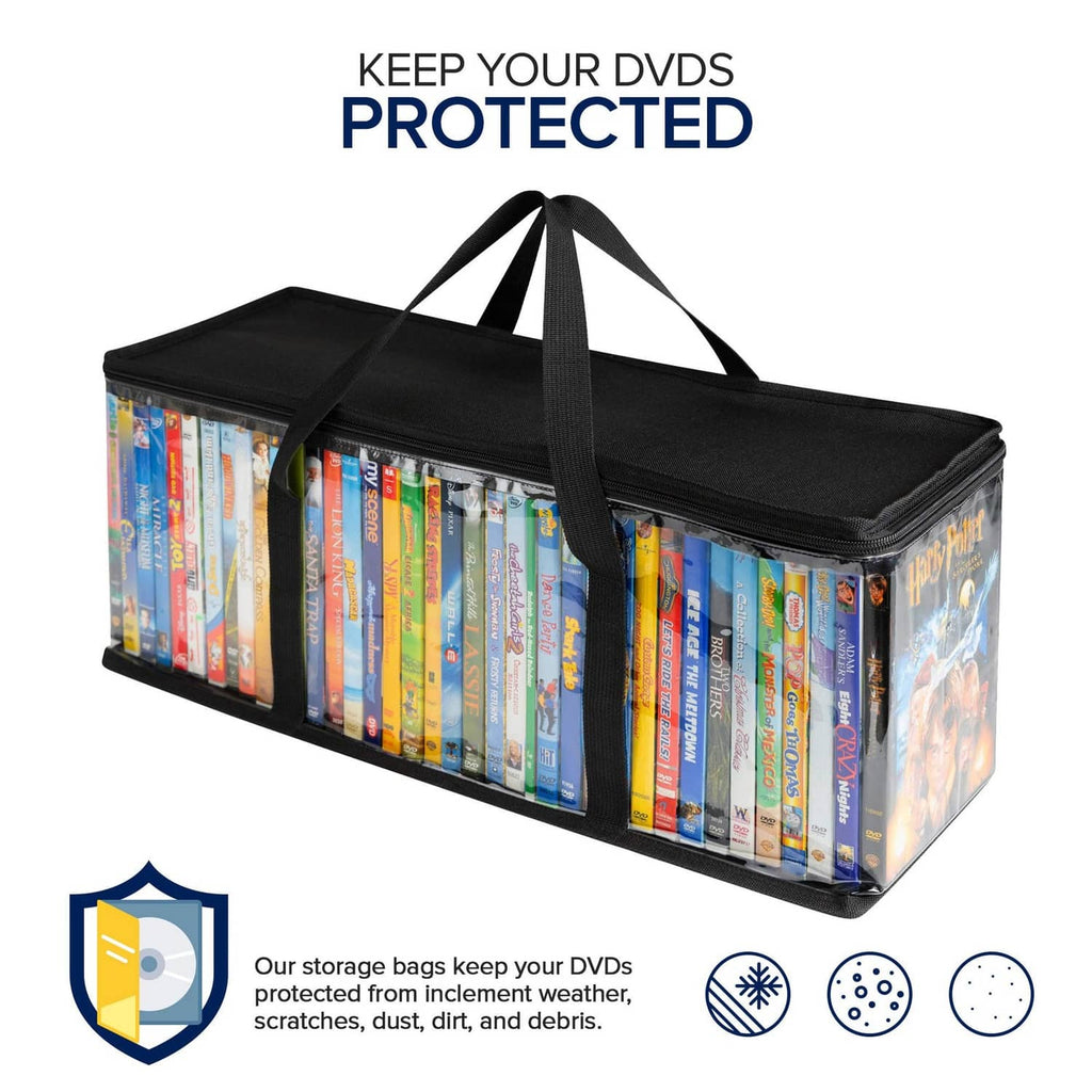 Black media storage bag with clear window panels and reinforced top carry handles