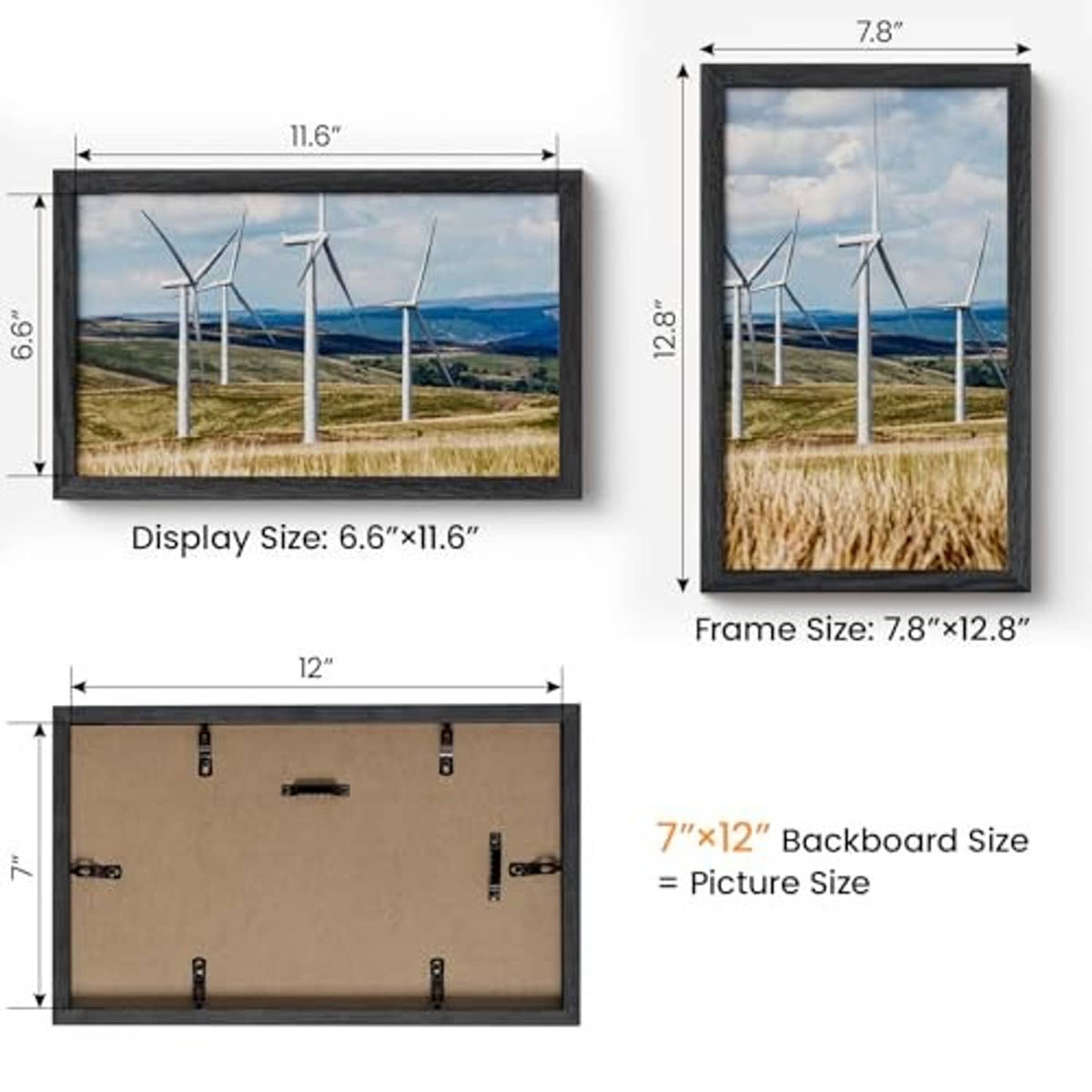 Size guide: 7x12 photo fits in frame; display area 6.6x11.6