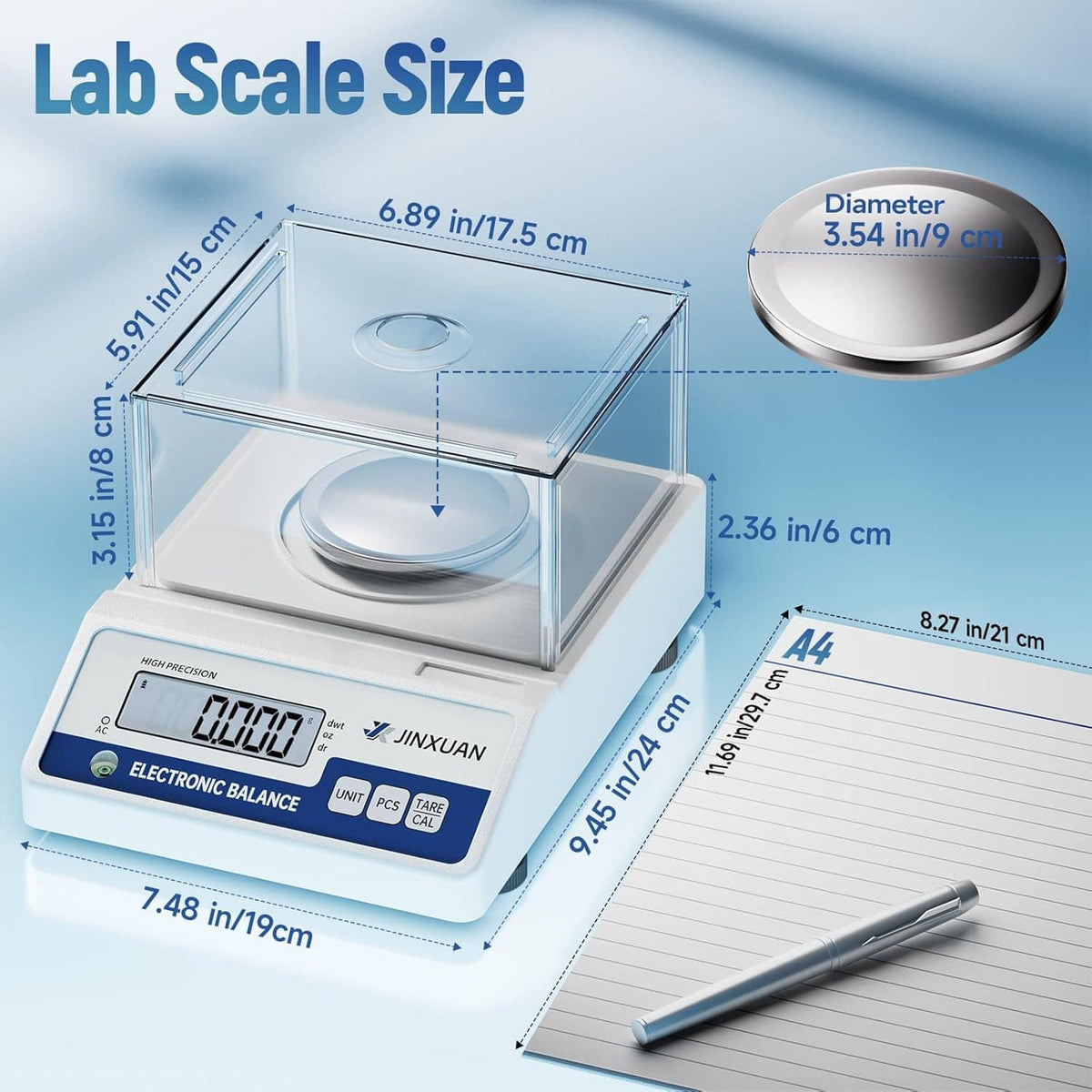 Digital lab scale with open clear glass chamber and round platform on a white base