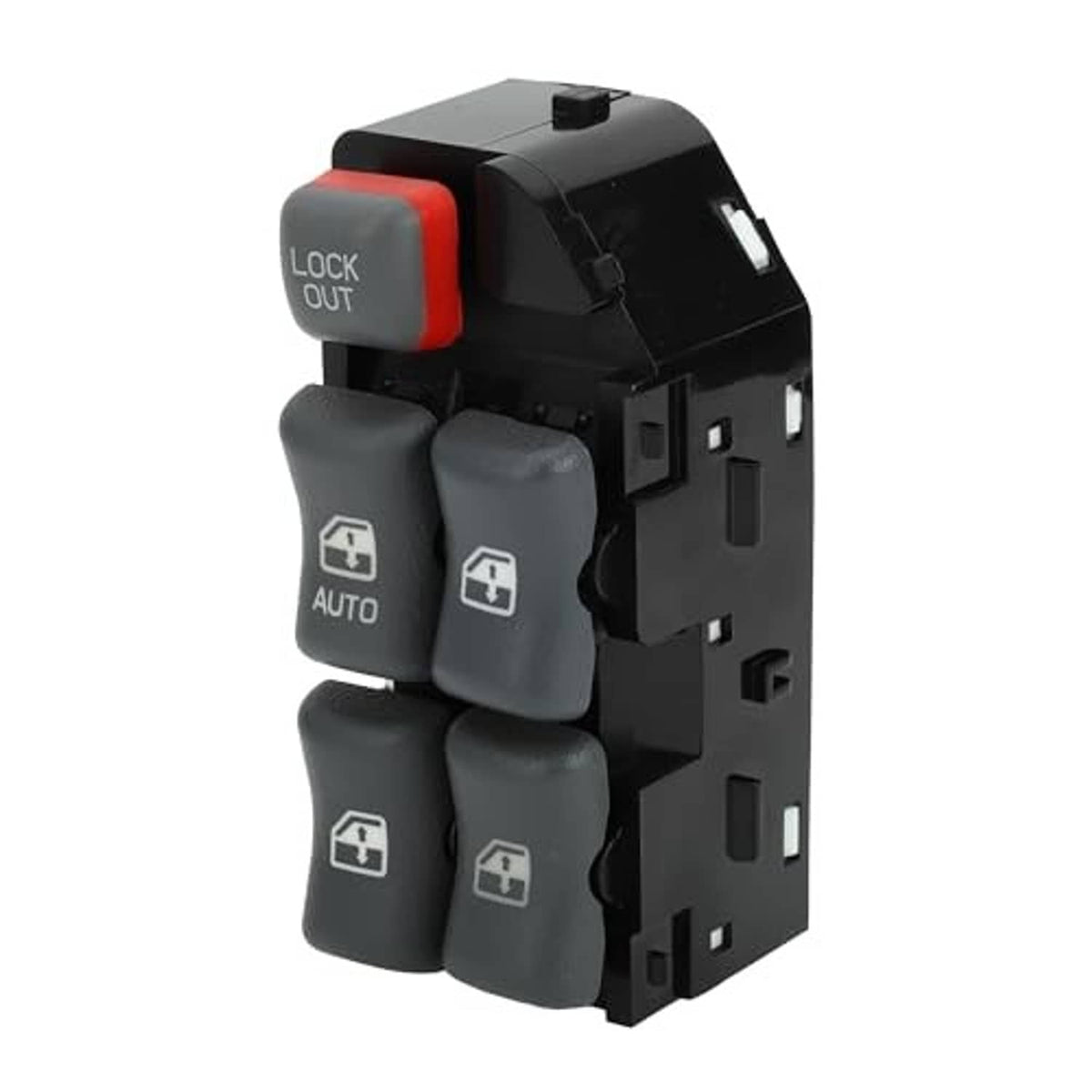 Car power window switch with gray buttons, red LOCK OUT cap, and side connector