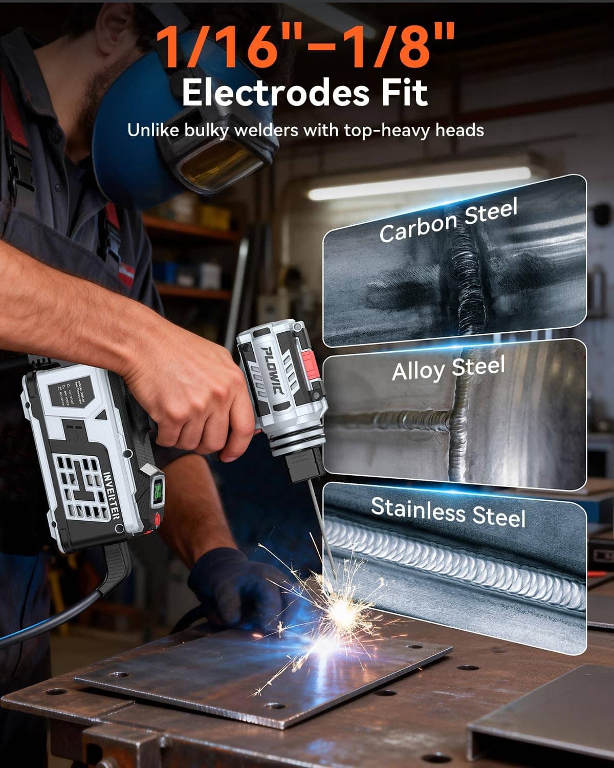 Gray handheld welder with electrode tip contacting a metal plate, sparks visible