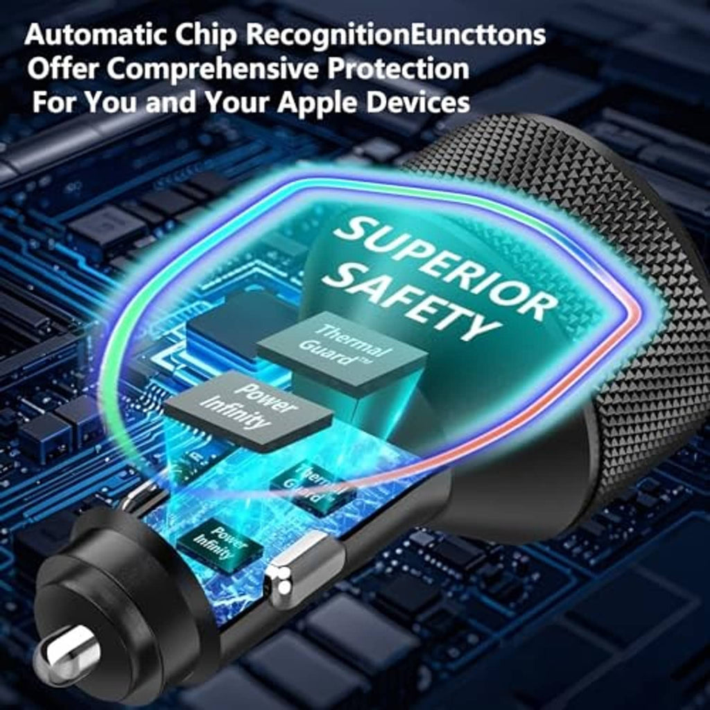Black car charger with glowing safety chip indicator on textured charging head
