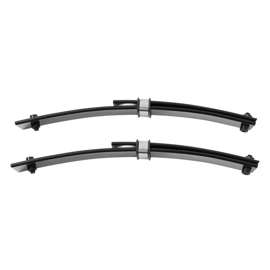 Pair of black curved leaf springs with mounting brackets and metal straps