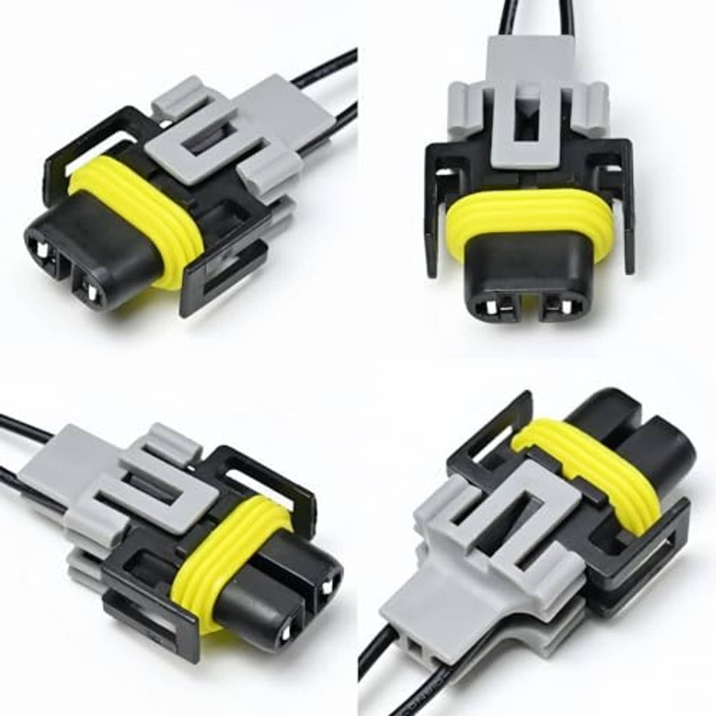 Headlight connector pigtail harness with two grey housings, yellow coil bands, and black wires