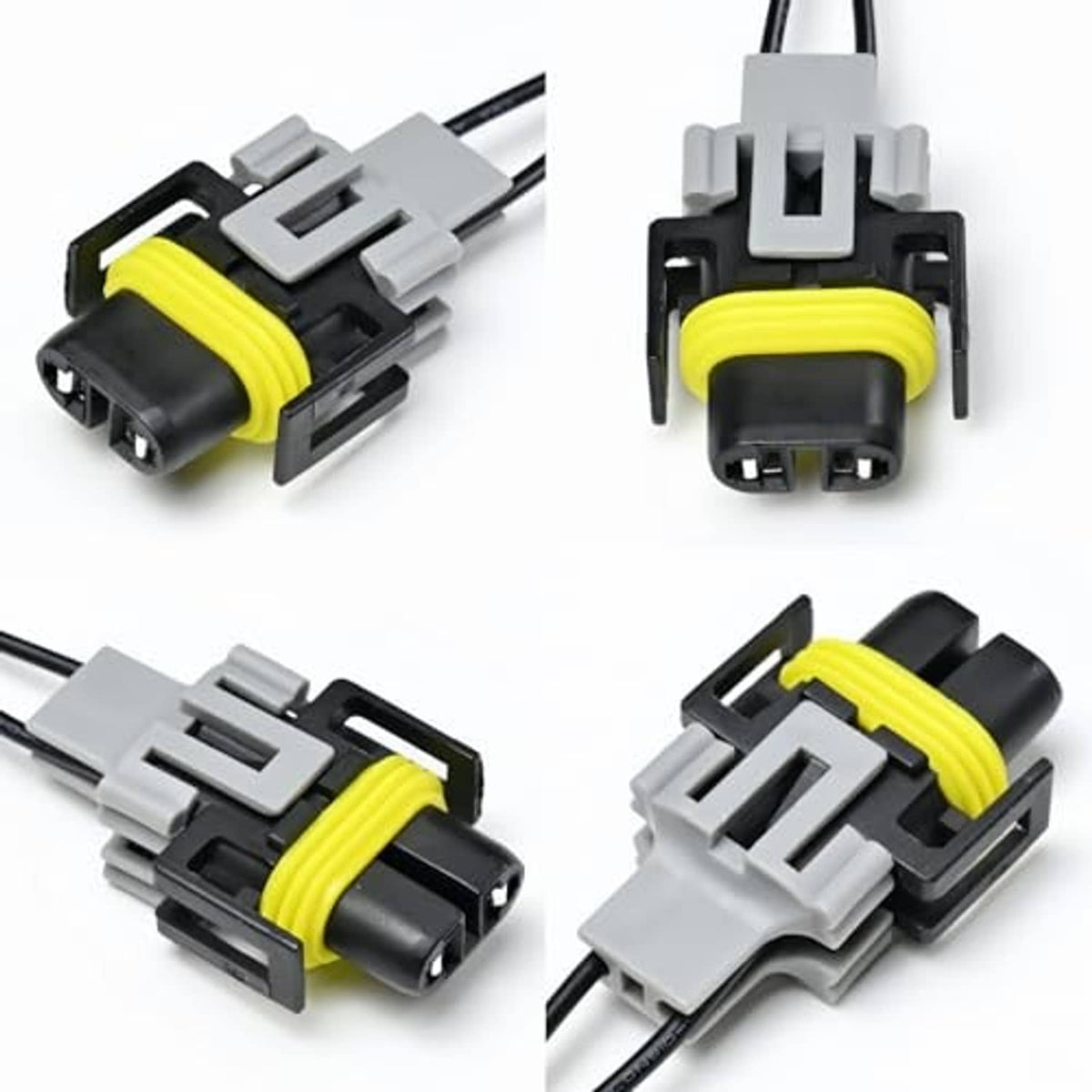 Headlight connector pigtail harness with two grey housings, yellow coil bands, and black wires