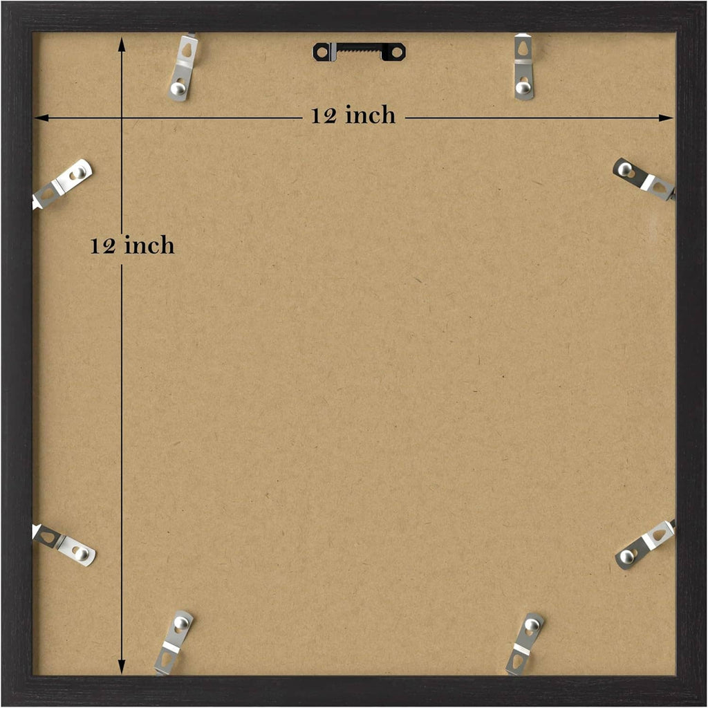 Back view of 12x12 picture frame with dark frame, hanging clips, and cardboard backing.