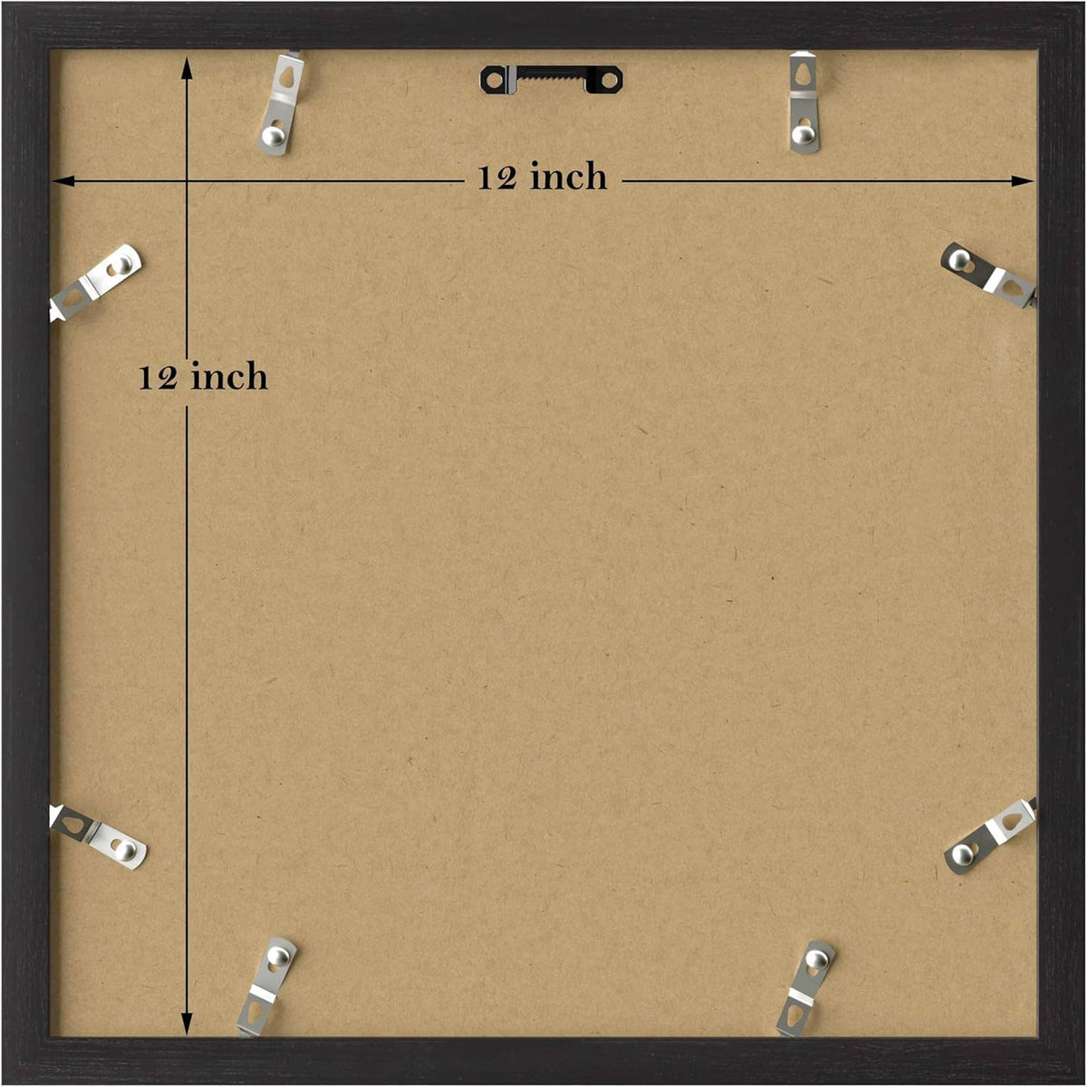 Back view of 12x12 picture frame with dark frame, hanging clips, and cardboard backing.