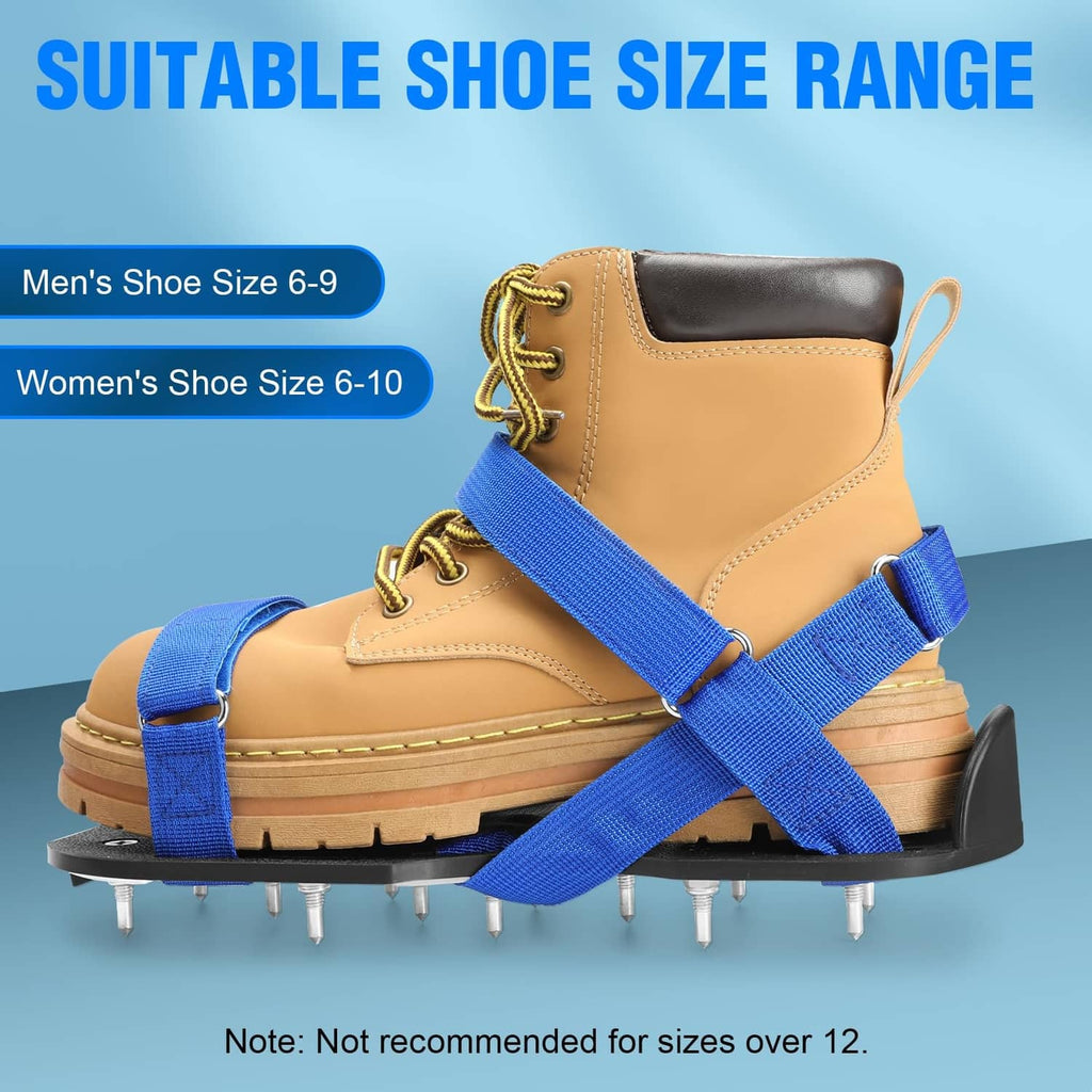 Tan lace-up spike shoes with blue cross strap and metal spike sole