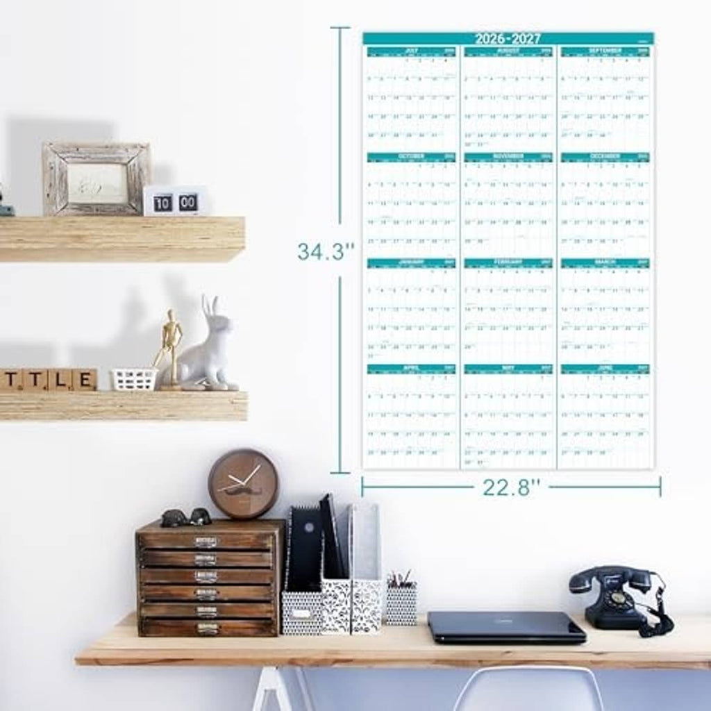 Wall calendar with dimensions 34.3 in by 22.8 in and teal header bars