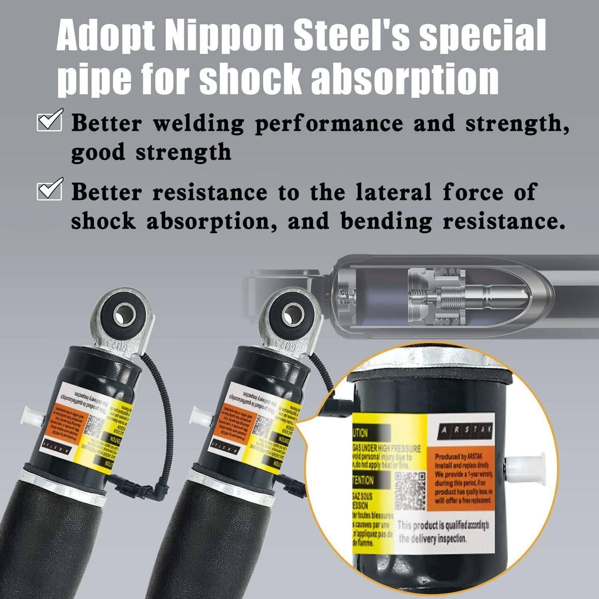 Rear air shock absorber with yellow label, wiring harness, and top mounting eye