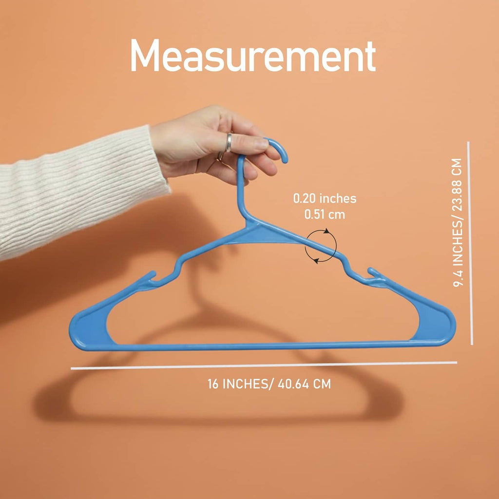 Blue plastic hanger, 16 in size measurement shown while being held by hand