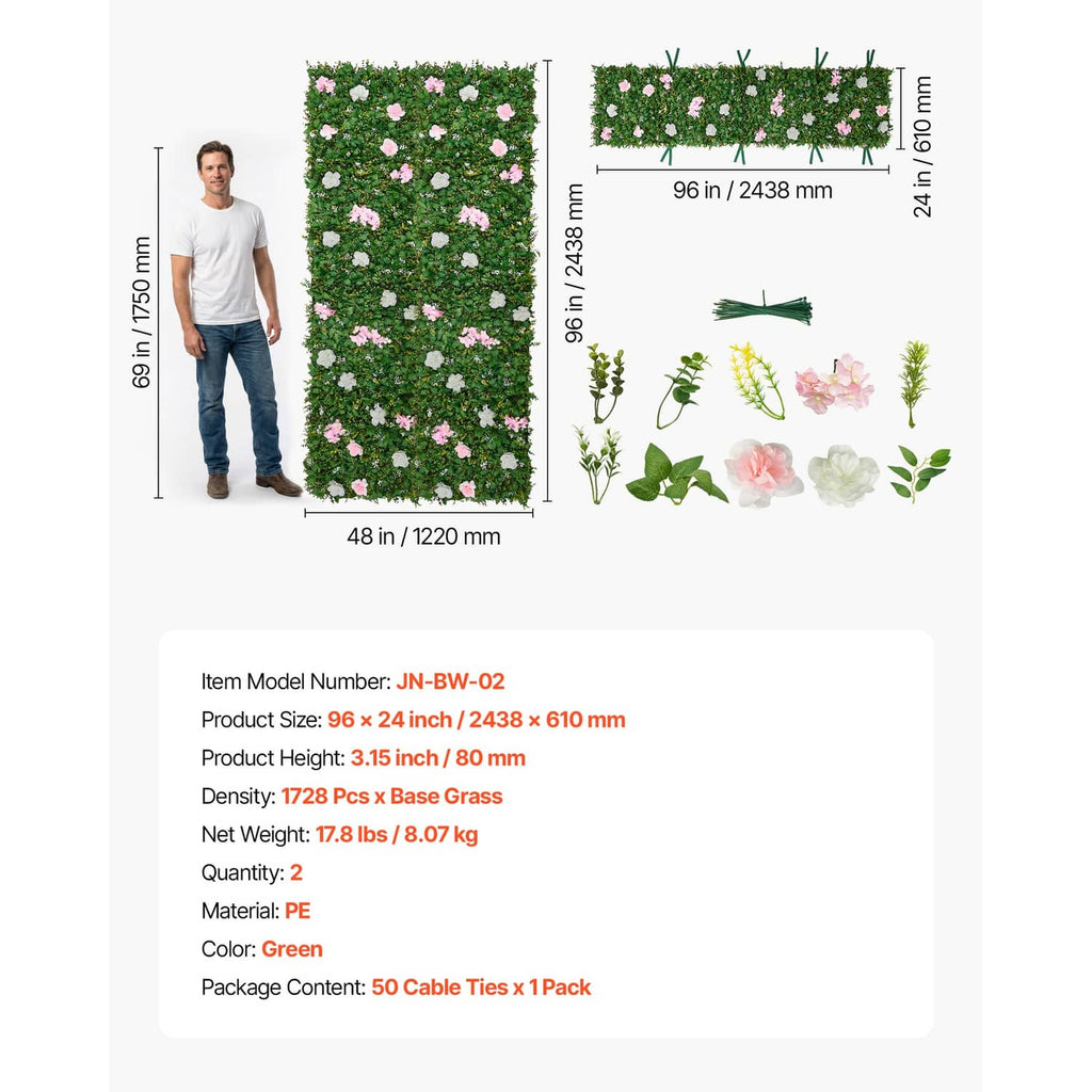 Artificial floral wall panel with green foliage, pink and white flowers, and tie strips