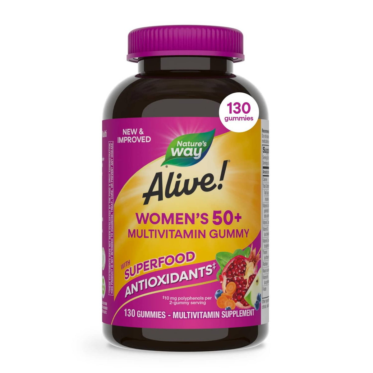 Nature's Way Alive! women's 50+ multivitamin gummy bottle, purple cap, 130 count