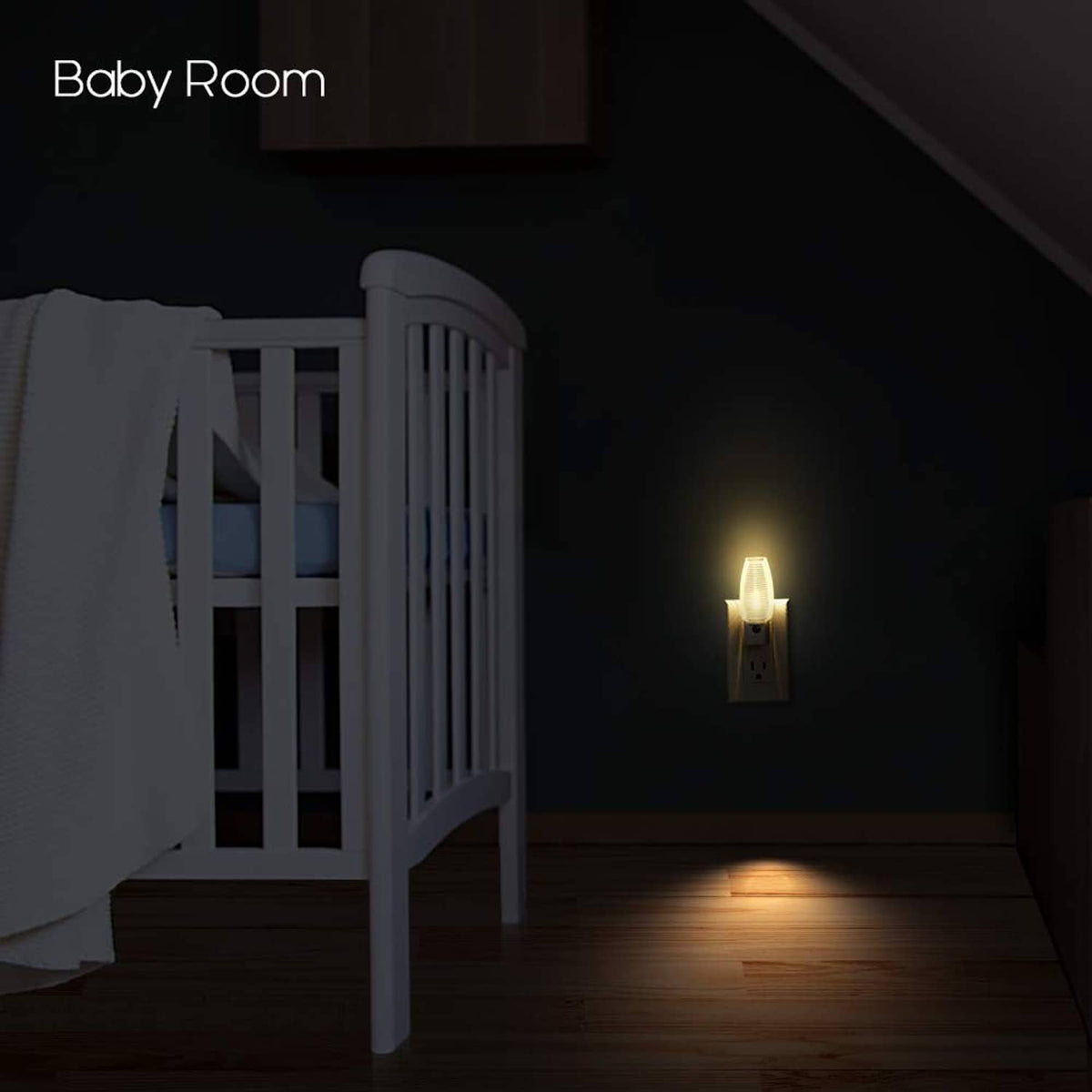 Plug-in LED night light mounted in wall outlet with warm white light