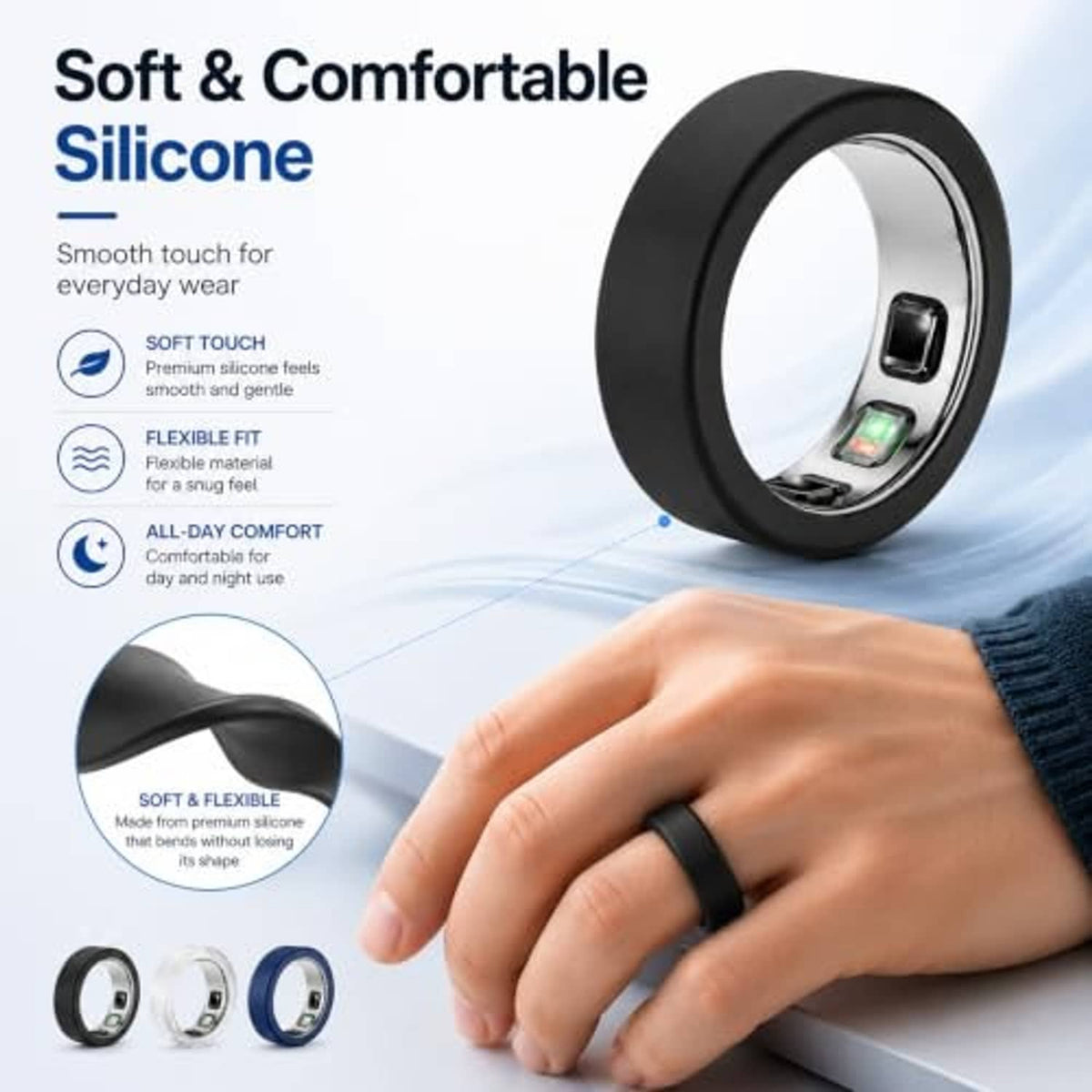Silicone ring cover protector in black with a clear sensor window