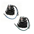 Pair of black power trim solenoid relay switches with blue and green wiring harnesses