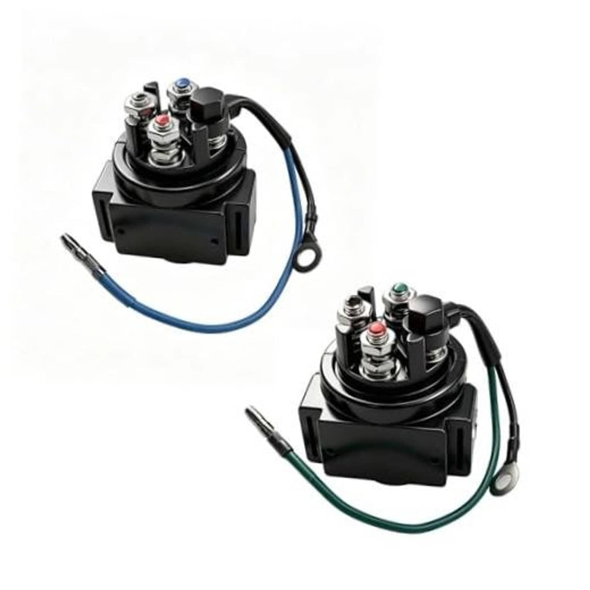 Pair of black power trim solenoid relay switches with blue and green wiring harnesses