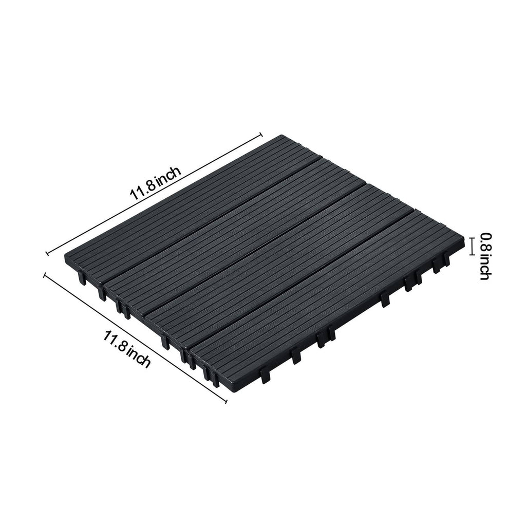 Dark grey single interlocking deck tile, ribbed top with snap-fit base edges
