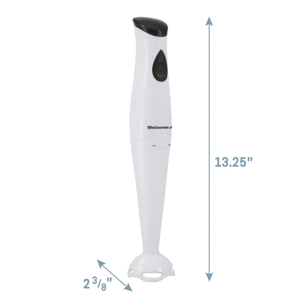 White immersion hand blender with black button and compact base