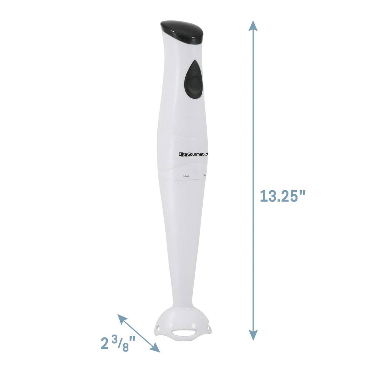 White immersion hand blender with black button and compact base