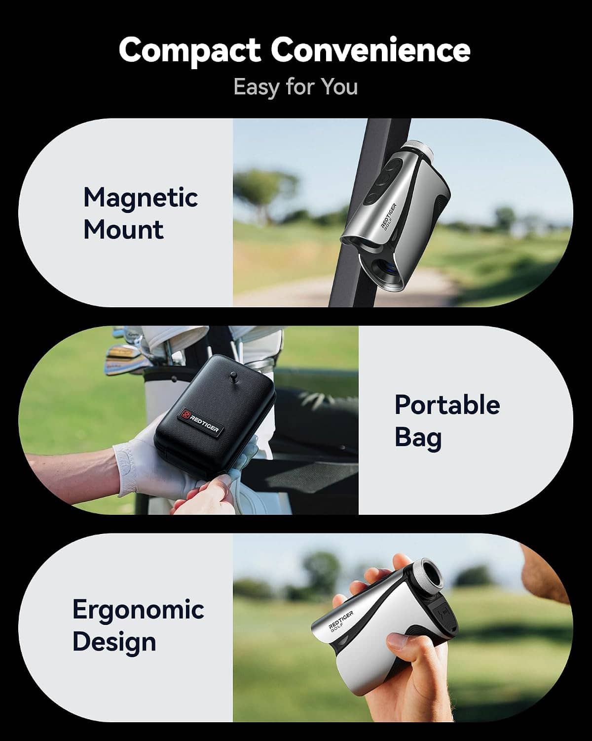 Portable golf laser rangefinder kit with magnetic mount, carry pouch, and ergonomic grip