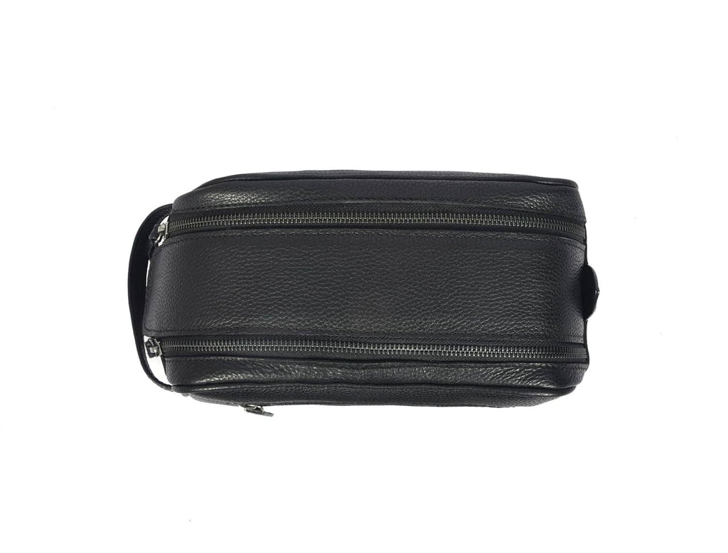Black leather toiletry pouch with front zipper and loop handle, compact shape