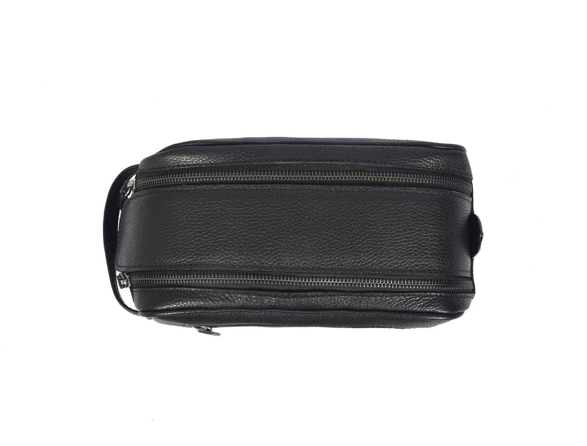 Black leather toiletry pouch with front zipper and loop handle, compact shape