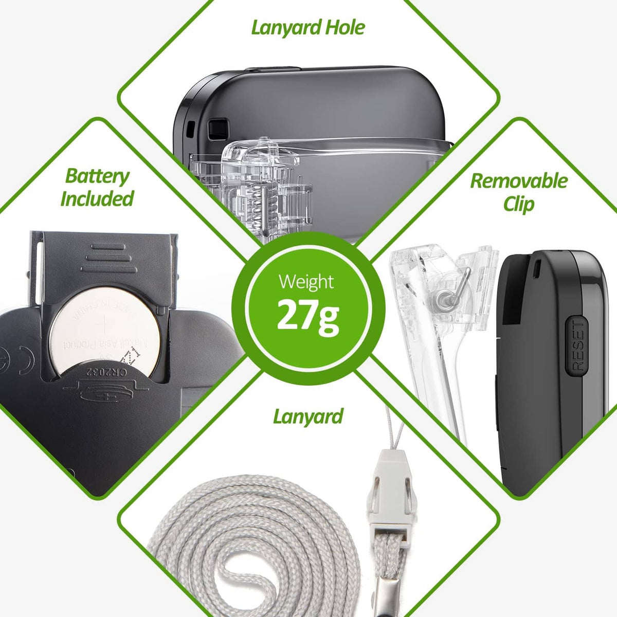 Black pedometer step counter kit with removable clip, lanyard, and included battery