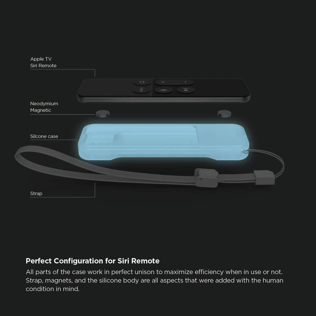 Silicone remote cover with attached strap, shown with remote and side profile.