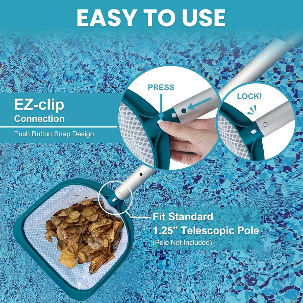 Leaf skimmer net with ultra-fine white mesh and teal frame, EZ-clip connection
