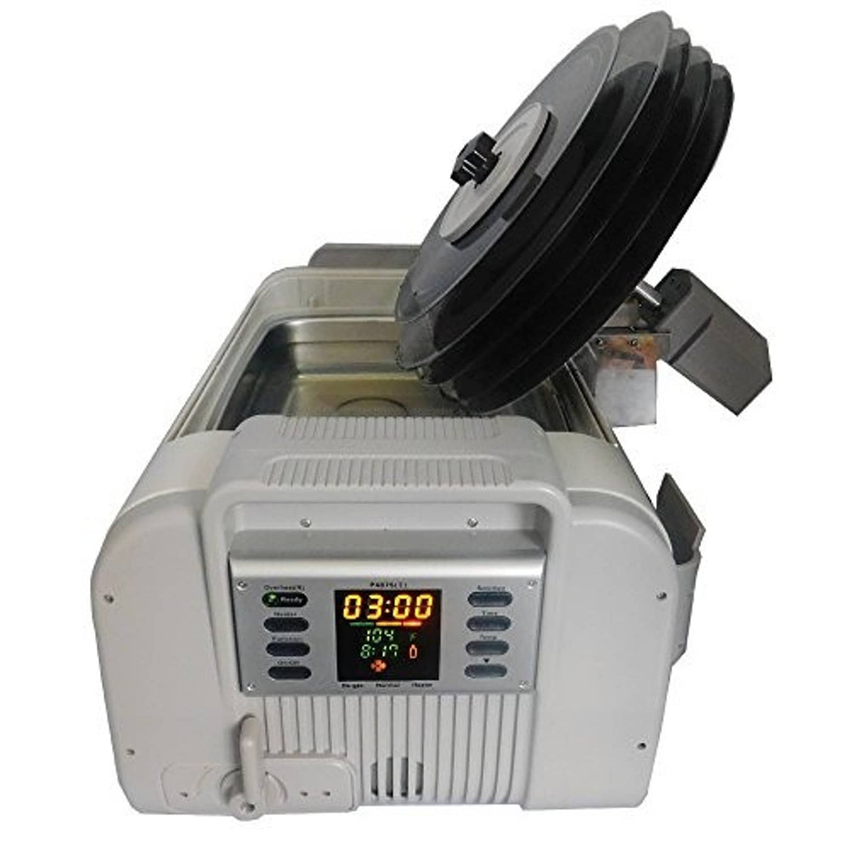 Ultrasonic vinyl record cleaning machine showing open basin and digital timer display