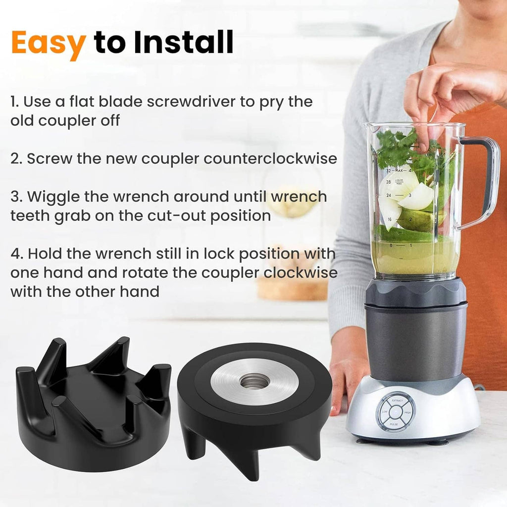 Black blender drive coupler with silver threaded insert and included wrench tool
