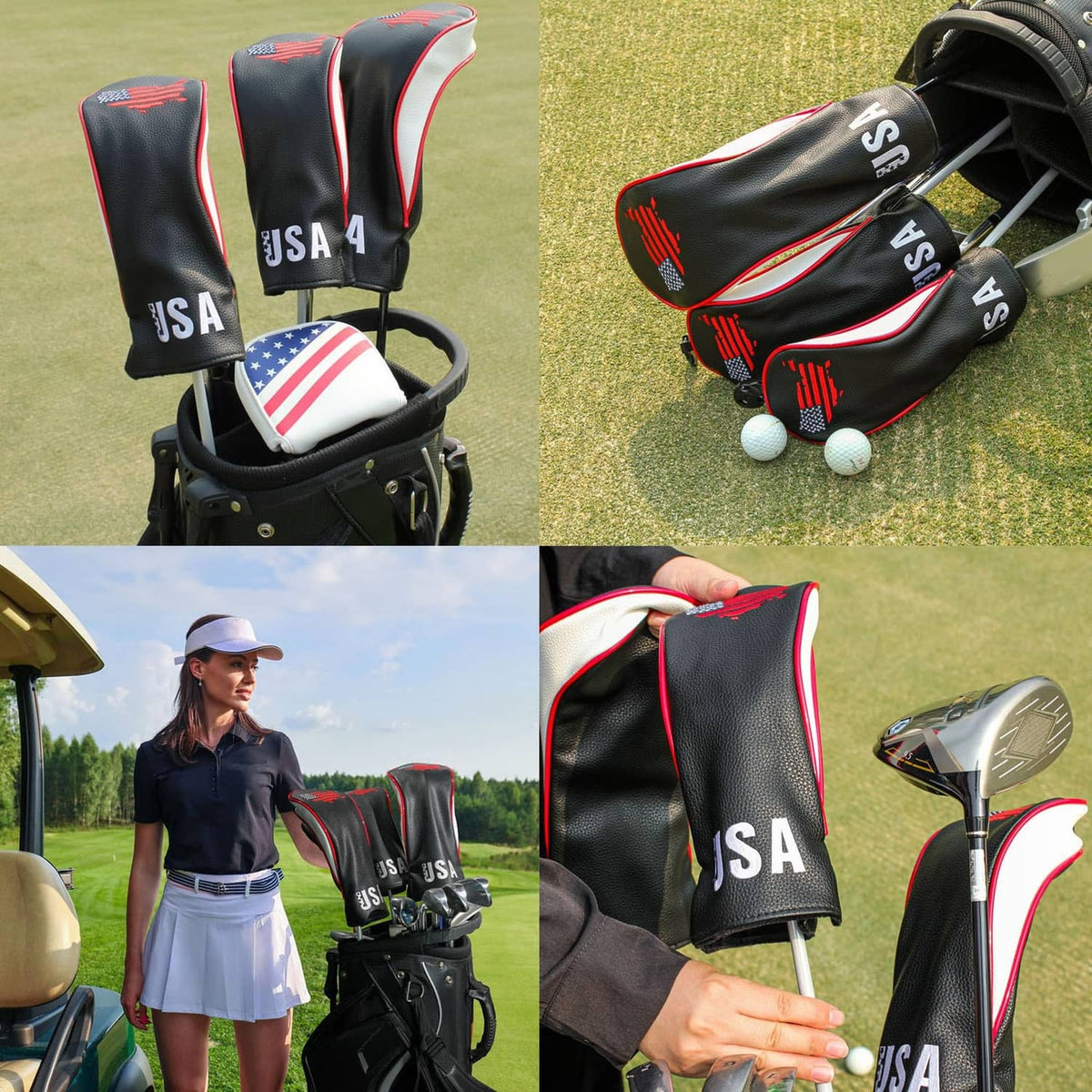 Black golf hybrid headcover set with red and white accents, two tags shown