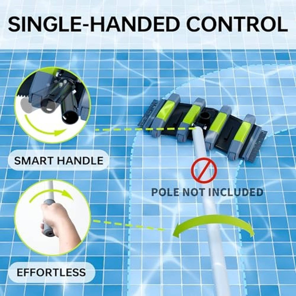 Pool vacuum head attached to a silver handle, lime-green brush bars on a black base.