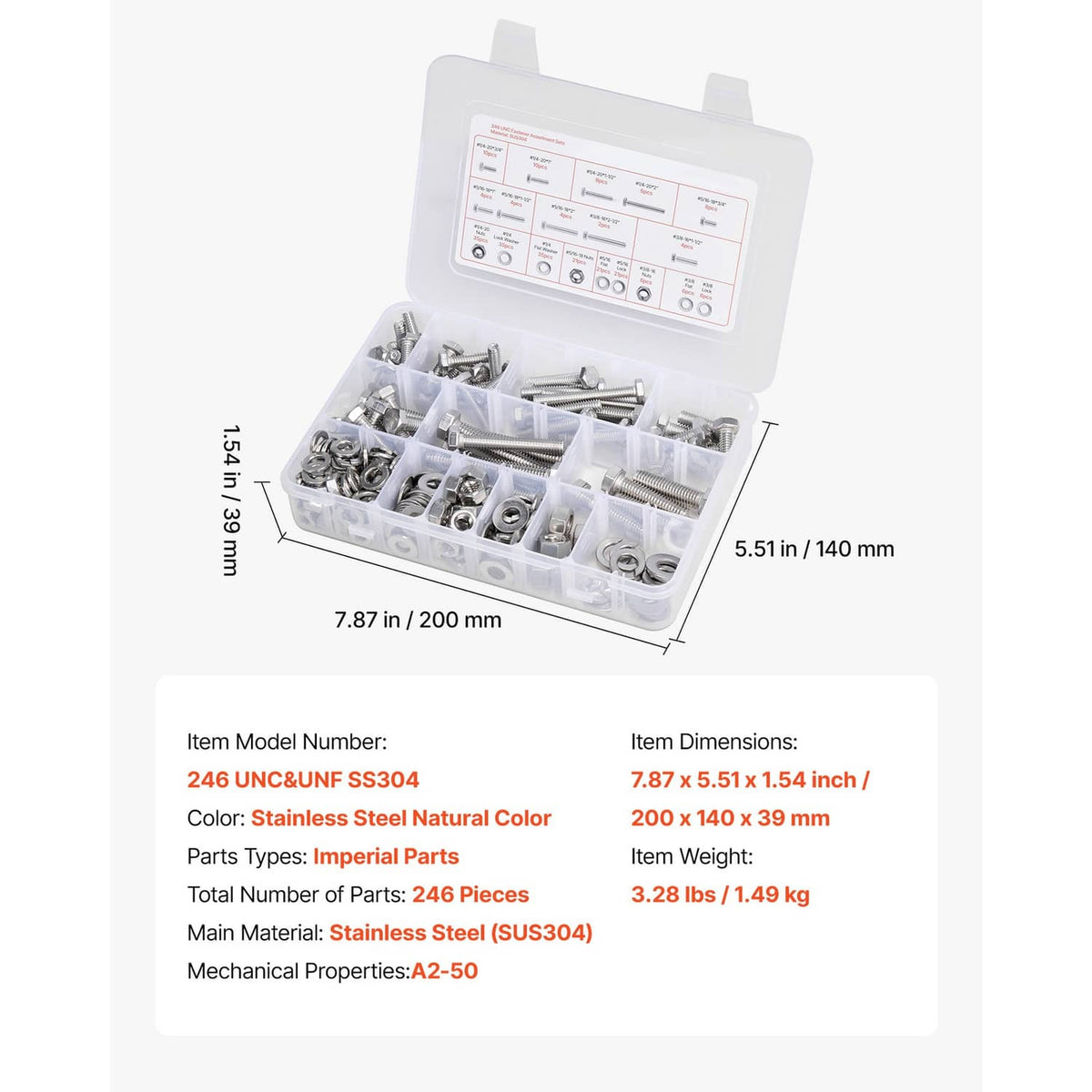 Bolt and nut assortment kit with labeled dimensions and hardware specs diagram