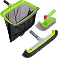 Pool cleaning kit: green net bag plus two gray-bristle brushes with lime handles