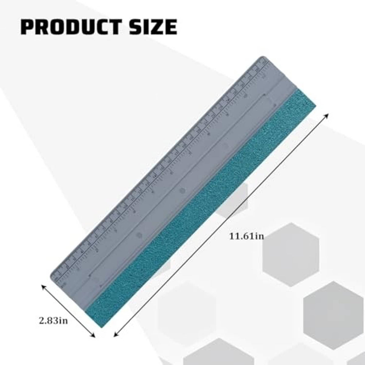 Car window felt squeegee size with gray ruler and blue felt strip, 11.61 in