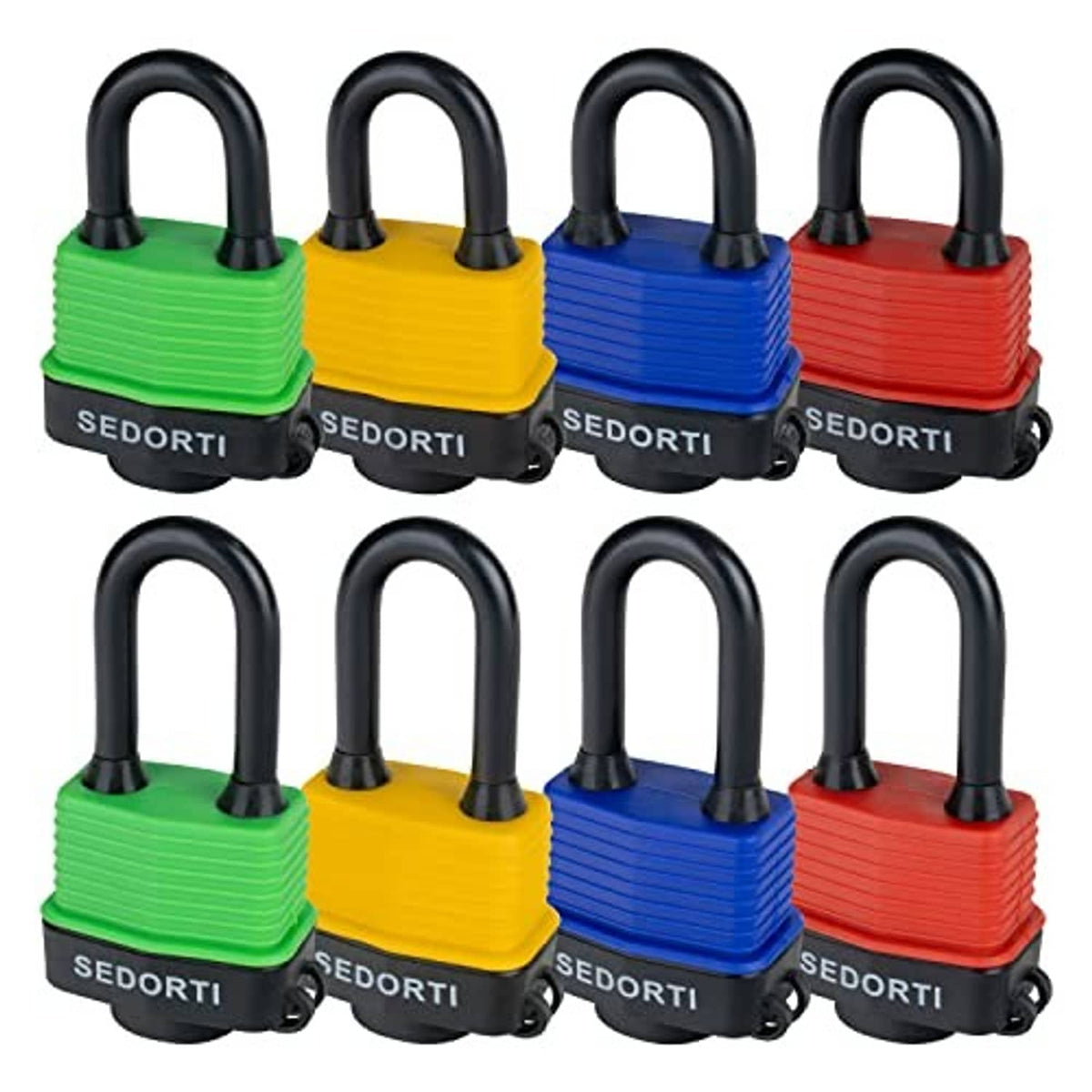 Colored waterproof padlock set: green, yellow, blue, and red with black bases