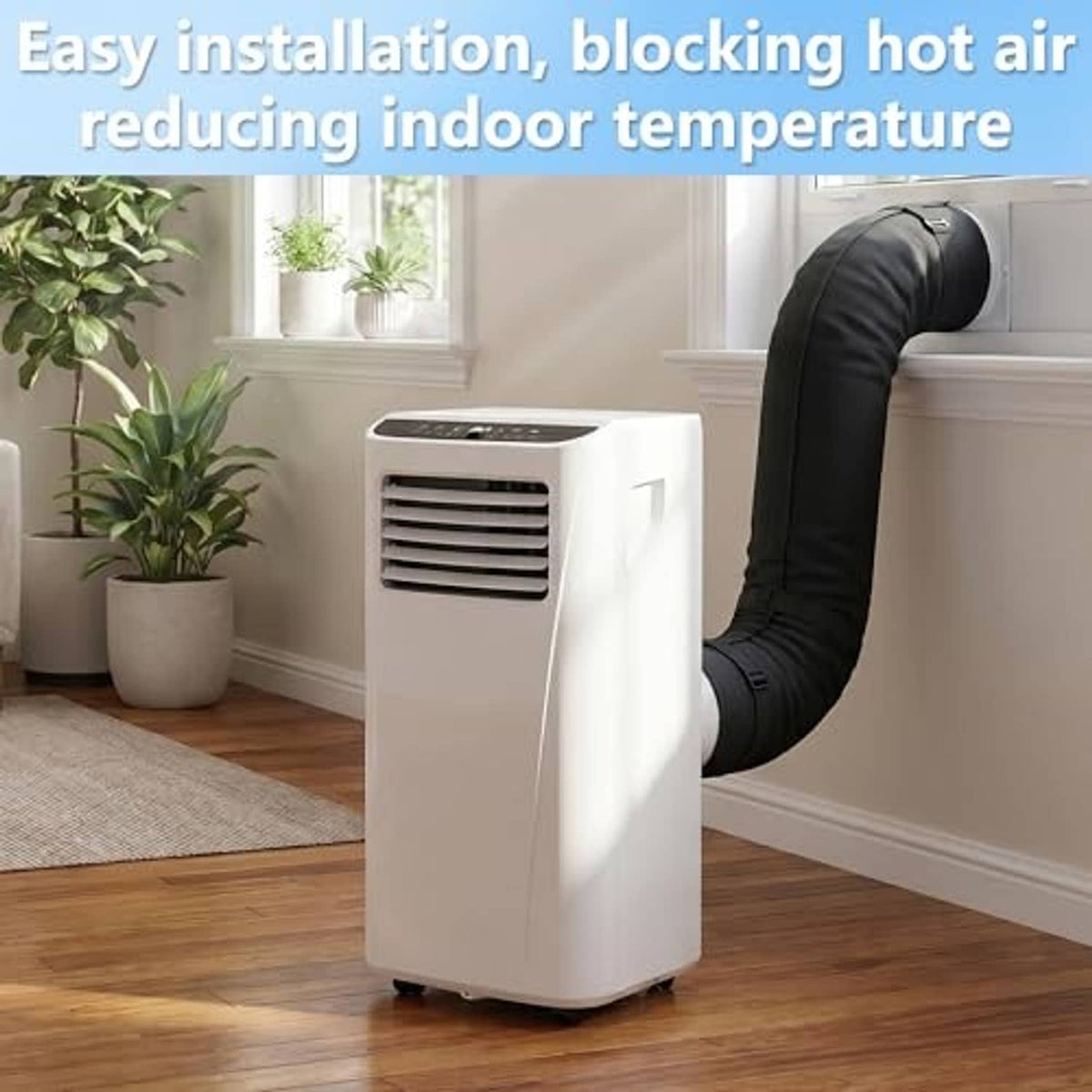 Portable AC unit with black insulated exhaust hose sleeve attached