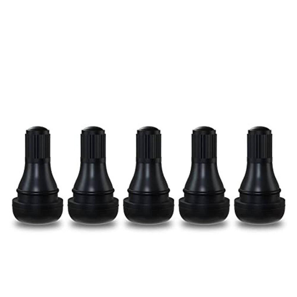 Pack of black snap-in tubeless tire valve stems with ribbed caps and flared bases