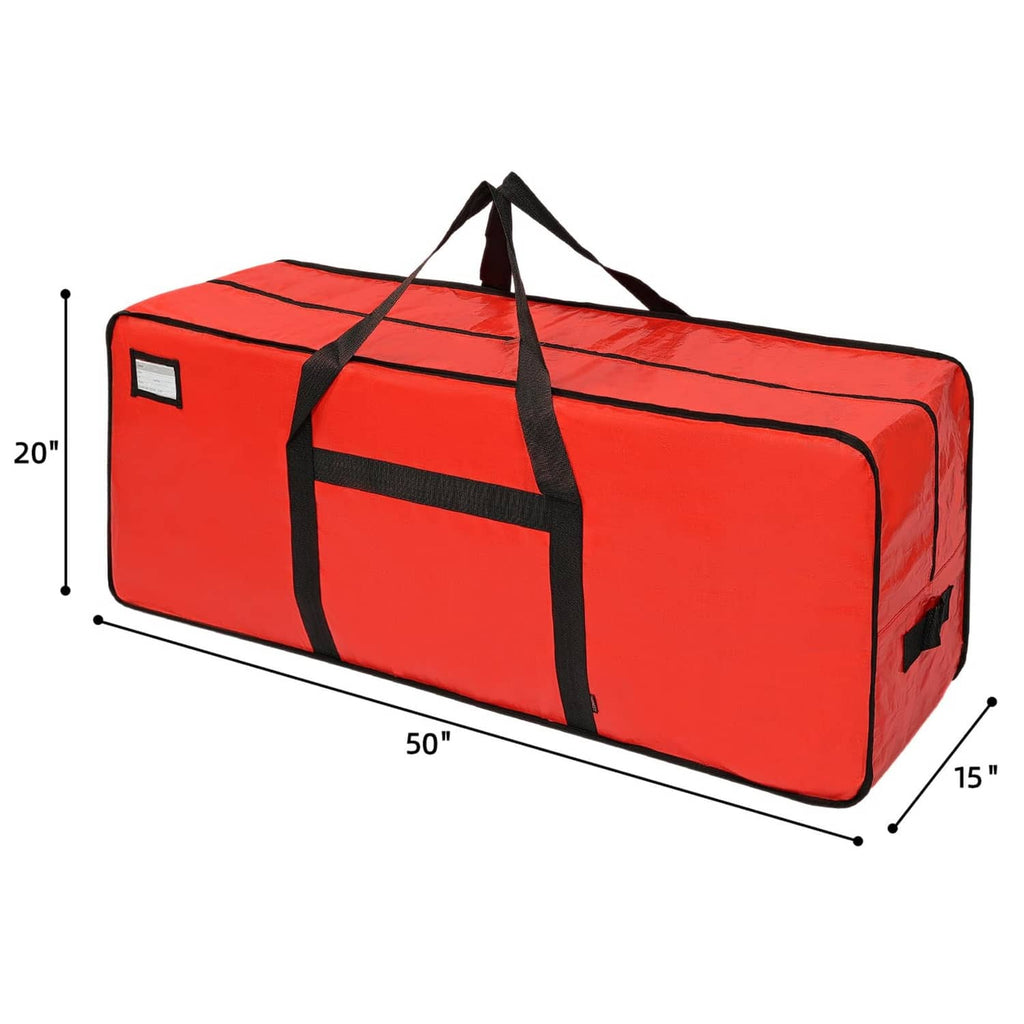 Red Christmas tree storage bag with black straps, with 50 x 20 x 15 in dimensions