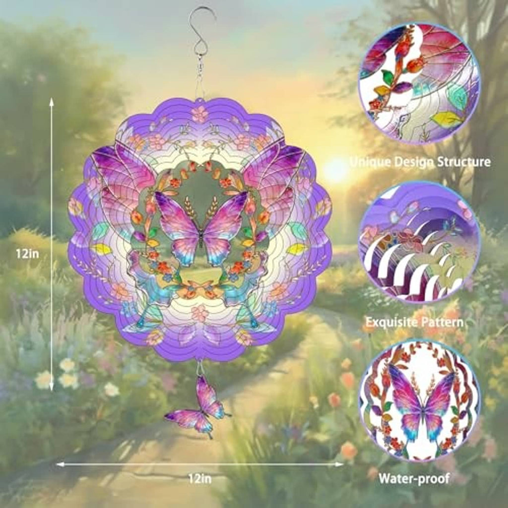 Colorful butterfly wind spinner with purple scalloped metal petals and hanging charm