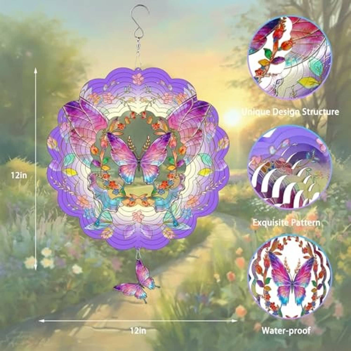 Colorful butterfly wind spinner with purple scalloped metal petals and hanging charm