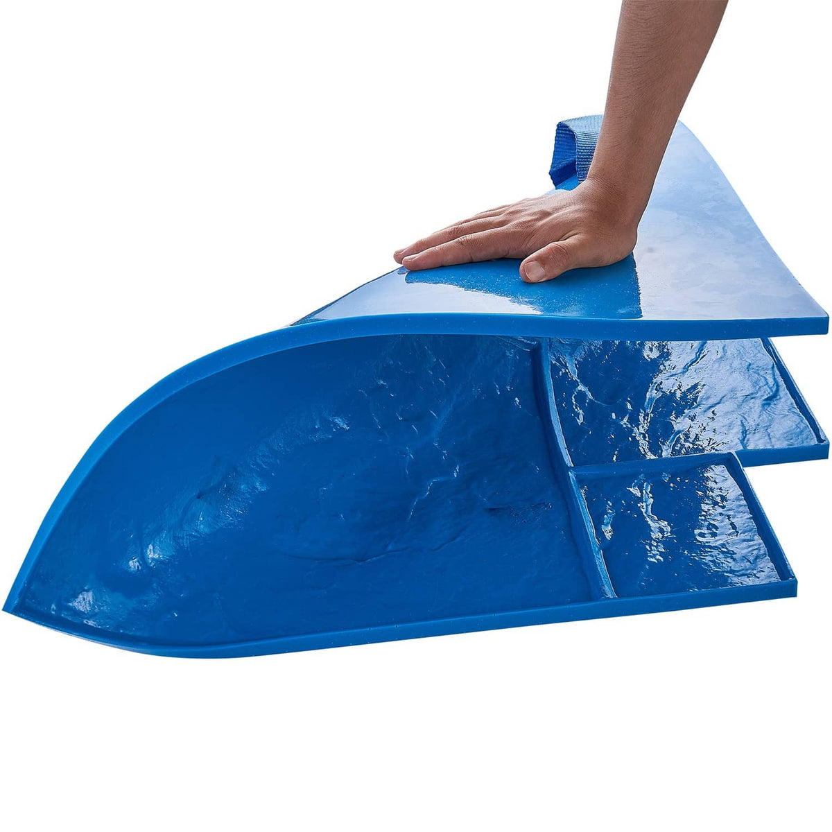 Concrete texture stamp mold, blue curved section pressed by hand for imprinting